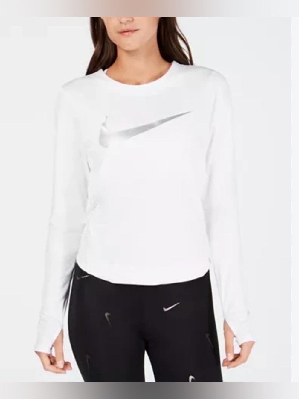Nike Dri-Fit White Long Sleeve Top with Silver Swoosh